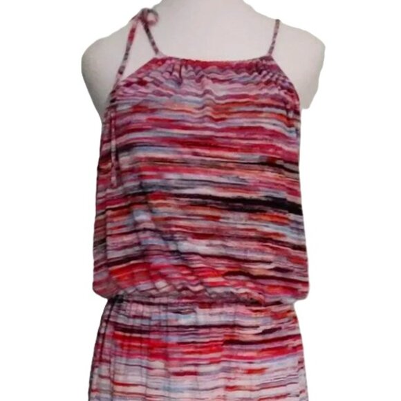 Strappy Maxi Dress Halter Open back Multi-colour Abstract Stripes Womens Large - Picture 1 of 6